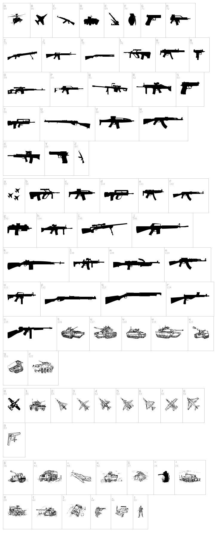 Army Weapons TFB font map